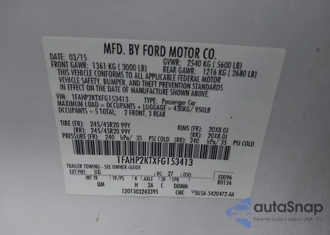 2015 Ford Taurus Sho z USA, uszkodzony, nr VIN 1FAHP2KTXFG153413